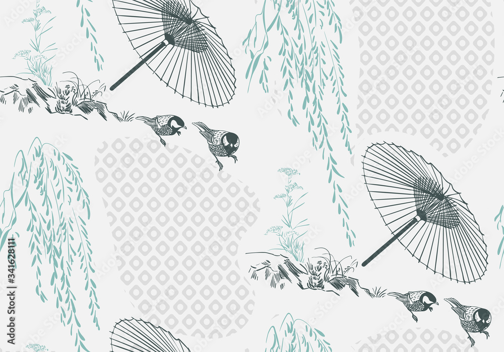 Wall mural umbrella sakura japanese chinese design sketch ink paint style seamless pattern - Wall murals