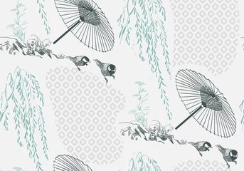Fototapete Japanischer Stil Regenschirm Sakura japanisches chinesisches Design Skizze Tinte Farbe Stil nahtlose Muster