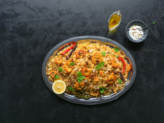Pilaf with shrimp. Tasty and delicious prawns biryani. 