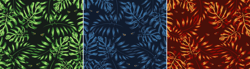 set of jungle patterns shades of natural colors, eyes of a predator, eyes of a predator from the thicket of the jungle, tropical thickets hiding in bestial areas