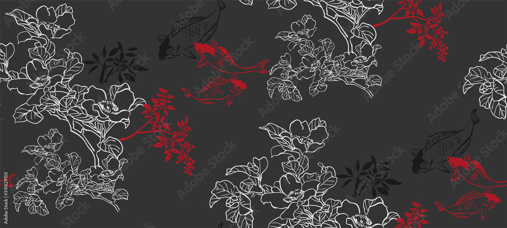 Poster fish koi japanese chinese design sketch ink paint style seamless pattern