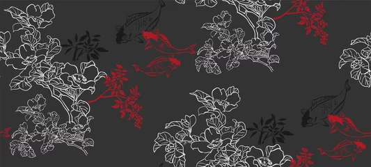 Papier peint Style japonais poisson koi japonais chinois conception croquis encre peinture style modèle sans couture