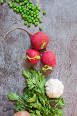 Fresh vegetables on a grey background. Green peas, radish, garlic and parsley