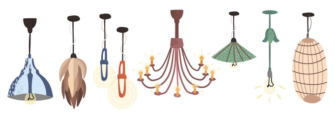 set of modern loft chandeliers. Fashionable lamps in scandinavian style concept. flat vector illustration. separate objects isolated on white background