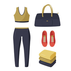 Women tight-fitting sport suit, red sneakers, dark blue bag and stack of towels. Simple vector illustration isolated on white background.