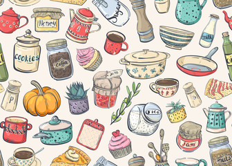 Seamless pattern with cooking utensils, dishes and food