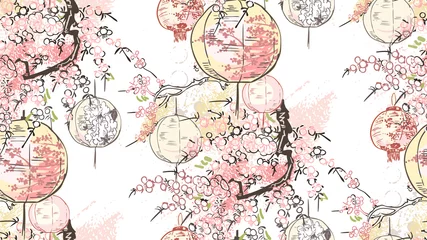 Behang papieren lantaarns natuur landschap weergave vector schets illustratie japans chinees oosters zeer fijne tekeningen inkt naadloos patroon © CharlieNati