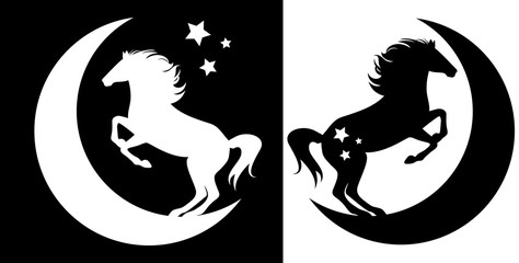 horse standing on a crescent moon - night time fairy tale animal on  a starry sky black and white vector silhouette design set