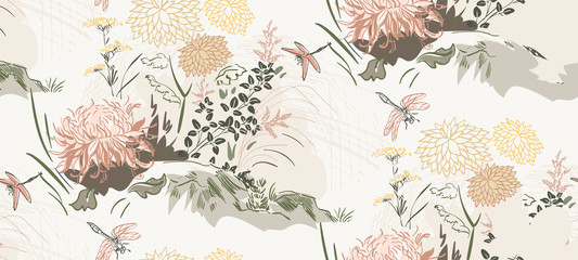 chrysanthemum flowers nature landscape view vector sketch illustration japanese chinese oriental line art ink seamless pattern - obrazy, fototapety, plakaty
