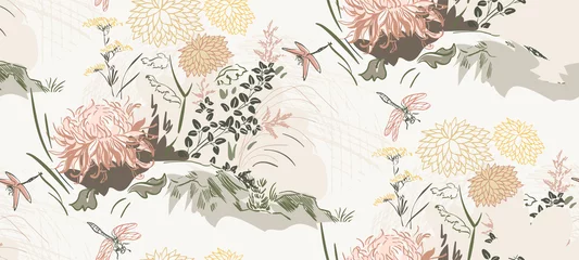 Fotobehang Pastel chrysant bloemen natuur landschap weergave vector schets illustratie japans chinees oosters zeer fijne tekeningen inkt naadloze patroon