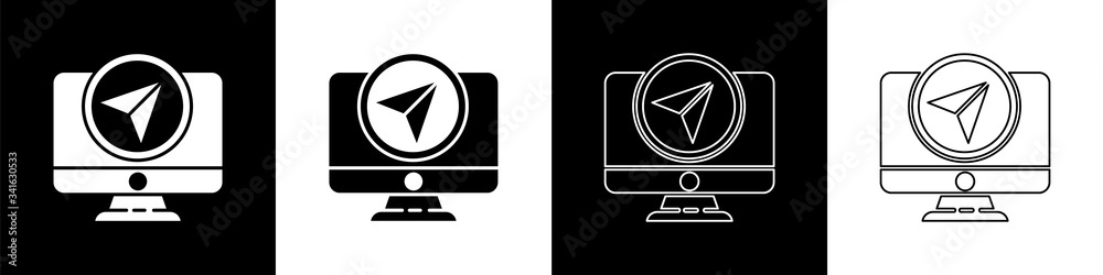 Fototapete Set Computer monitor and folded map with location marker icon isolated on black and white background.  Vector Illustration