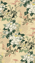 chrysanthemum flowers nature landscape view vector sketch illustration japanese chinese oriental line art ink seamless pattern