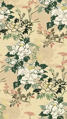 Behang Beige chrysant bloemen natuur landschap weergave vector schets illustratie japans chinees oosters zeer fijne tekeningen inkt naadloze patroon