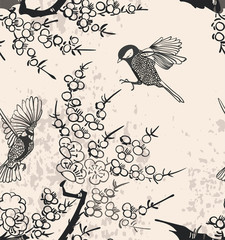Vögel Ast Natur Landschaftsansicht Vektor Skizze Abbildung Japanisch Chinesisch Orientalisch Strichzeichnungen Tinte nahtlose Muster