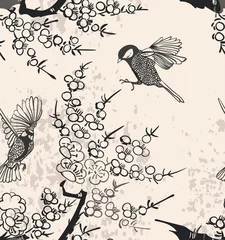 Wallpaper murals Japanese style birds tree branch nature landscape view vector sketch illustration japanese chinese oriental line art ink seamless pattern