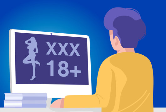Illustration of a young man watching pornography on computer. Vector