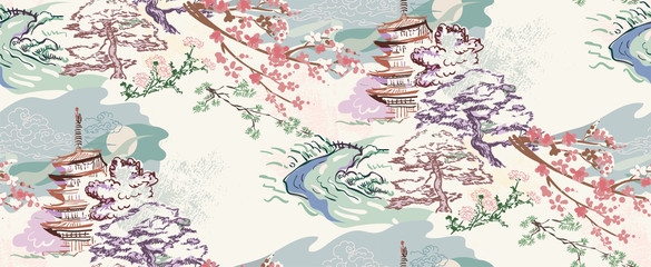 gebäude landschaft natur landschaft ansicht vektor skizze illustration japanisch chinesisch orientalisch linie kunst tinte nahtloses muster © CharlieNati