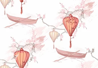 Behang Wit papieren lantaarns natuur landschap weergave vector schets illustratie japans chinees oosters zeer fijne tekeningen inkt naadloos patroon