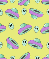 pattern with flying saucers, alien faces on a yellow background, flat illustration, vector