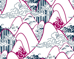 mountains traditional geometric kimono pattern vector sketch illustration line art japanese chinese oriental design seamless