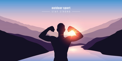 strong man silhouette outdoor sport by the river in nature vector illustration EPS10