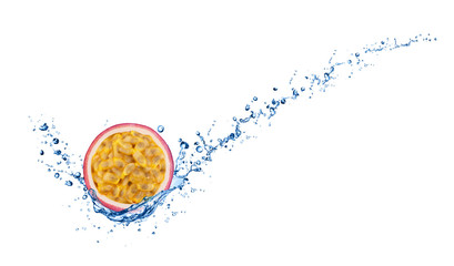 Half of juicy passion fruit in water splash with full depth of field isolated on white background.
