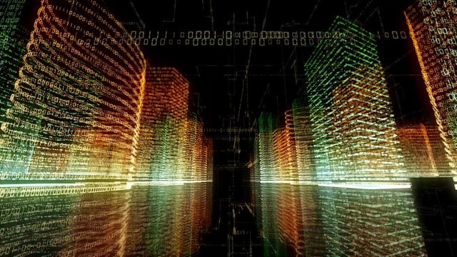 Abstract virtual city inside a computer system. Hologram 3D Big Data Digital City. Digital buildings with a binary code particles network. Technological and connection motion background. Looped