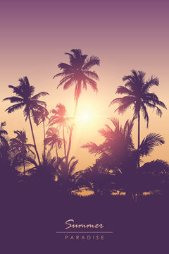 beautiful sunset in the tropical palm forest realistic landscape vector illustration EPS10