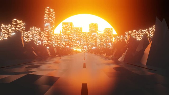 POV of traveling in gorgeous sunset landscape through a big city