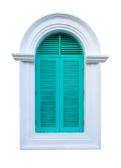 Green arched wooden window isolated on white background.