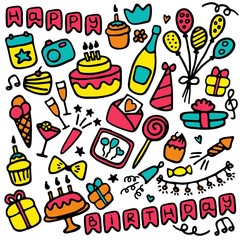 Doodle birthday set icons. Hand-drawn set of holiday signs. Vector