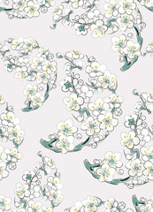 sakura flowers japanese chinese design sketch ink paint style seamless pattern