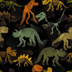 Dinosaur skeleton. Vector seamless pattern. Original design with dinosaur bones. Black background with dots. Desing for textile, clothes. © barberry