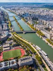 Aerial view of Paris from the Eiffel Tower. Panoramic view of the skyline over Paris. Roof landscape panorama