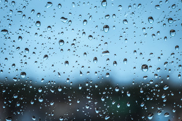 raindrops on the window in cloudy or rainy day 