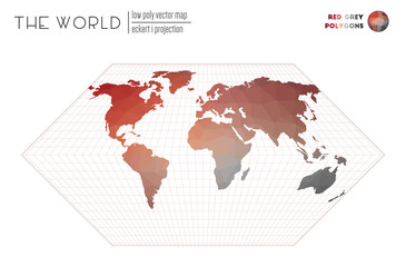 Abstract geometric world map. Eckert I projection of the world. Red Grey colored polygons. Trending vector illustration.