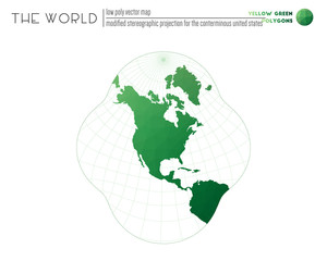Triangular mesh of the world. Modified stereographic projection for the conterminous United States of the world. Yellow Green colored polygons. Creative vector illustration.