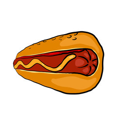 Retro illustration of a hot dog with mustard on a white background. Fast wood. Junk food. Vector illustration for menus, logos, recipes and your design.
