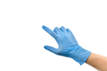 Female hand wearing protective gloves touching virtual screen isolated on white background. - obrazy, fototapety, plakaty