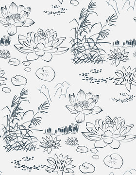 Lotus Pond Sketch Vector Japanese Chinese Design Seamless Pattern