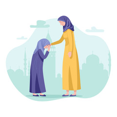Daughter and mother asking forgiveness during Hari Raya Aidilfitri Celebration