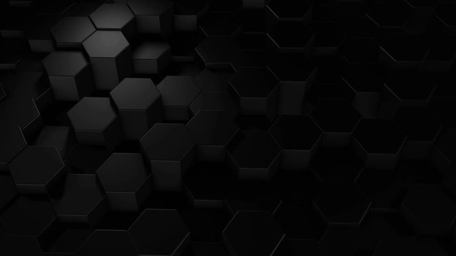 An abstract hexagonal geometric black surface cyclically moves in virtual space. Chaotic vibrations of geometric shapes. Creating a dynamic wall of hexagons
