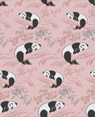 panda bear view vector sketch illustration chinese oriental line art ink seamless pattern