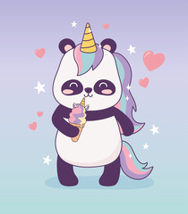 panda with unicorn ice cream cartoon character magical fantasy