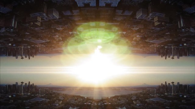 Seattle Mirror Effect Aerial Background with Glowing Lens Flare Light