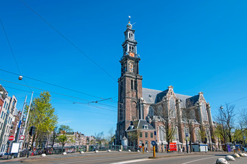 City scenic from Amsterdam in spring in the Netherlands with the Westerkerk