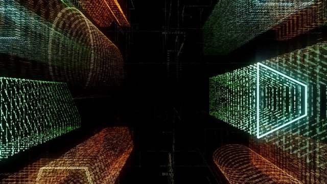 Abstract virtual city inside a computer system. Hologram 3D Big Data Digital City. Digital buildings with a binary code particles network. Technological and connection motion background. Looped