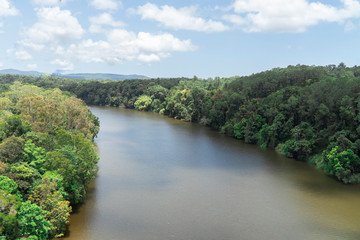 Fototapeta premium River in jungle forest. Ocean sea and sand. Cairns waterfront aerial view. Dramatic DRONE view from above. Mountain landscape. Shot in Queenstown, Australia.