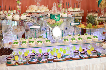 Delicious wedding reception candy bar dessert table