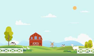 Naklejka premium Farm landscape with animal.Summer farm landscape with trees, clouds , mountains and sun. Country farm with beautiful landscape.Modern flat nature farm with windmill and cow.Vector illustration